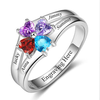 Sterling Silver Engraved Heart Birthstone 4-Stone Family Ring