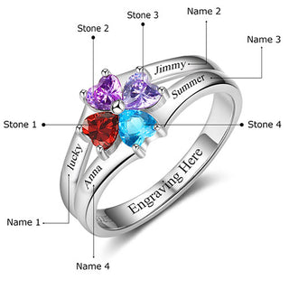 Sterling Silver Engraved Heart Birthstone 4-Stone Family Ring