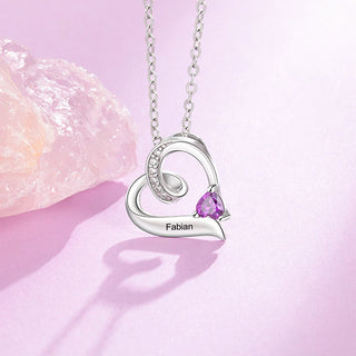 Sterling Silver Engraved Birthstone and CZ Heart Necklace