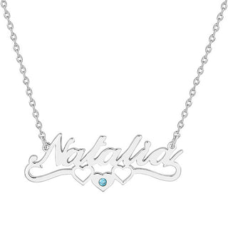 Sterling Silver Script Name with Birthstone Heart Scroll Pendant