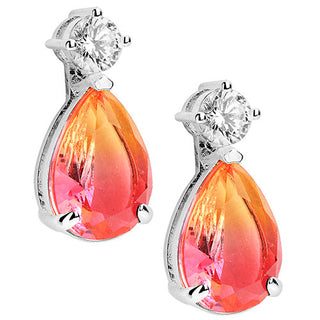 Iridescent Teardrop Stone with CZ Accent Button Earrings