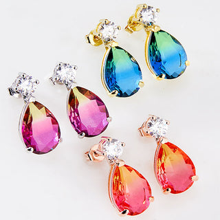 Iridescent Teardrop Stone with CZ Accent Button Earrings