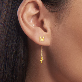 Initial Earring with Cross Dangle Button Drop Earrings