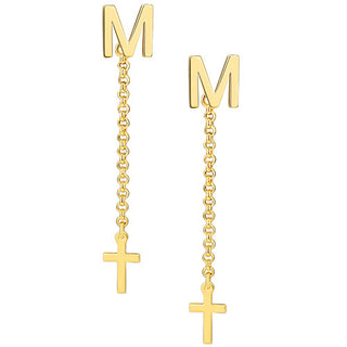 Initial Earring with Cross Dangle Button Drop Earrings