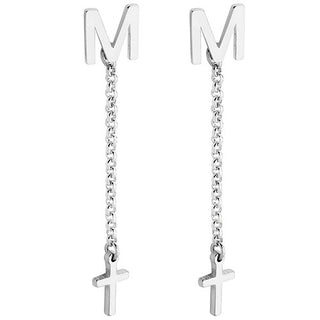 Initial Earring with Cross Dangle Button Drop Earrings