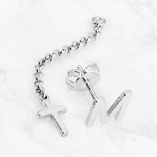 Initial Earring with Cross Dangle Button Drop Earrings