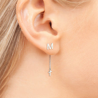 Initial Earring with Cross Dangle Button Drop Earrings