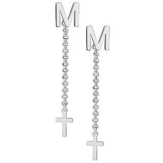 Initial Earring with Cross Dangle Button Drop Earrings