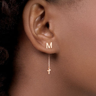 Initial Earring with Cross Dangle Button Drop Earrings