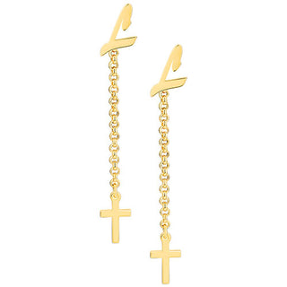 Script Initial Earring with Cross Dangle Button Drop Earrings