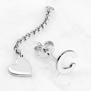 Initial Earring with Heart Dangle Button Drop Earrings