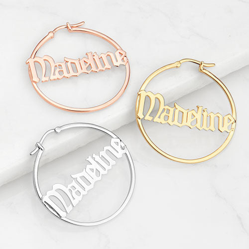 Big hoop earrings with name in middle on sale