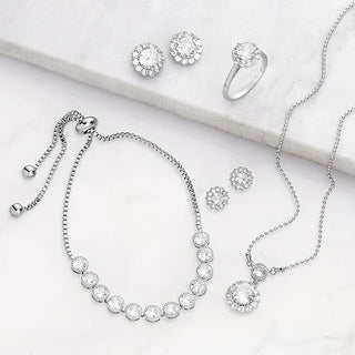 Silvertone CZ Halo Earring, Necklace, Bracelet and Ring Set