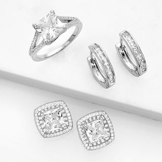 Silvertone CZ Halo Stud Earrings, Hoop and Ring Set