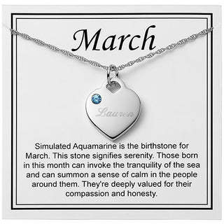 Silver Plated Engraved March Birthstone Heart Necklace