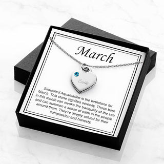 Silver Plated Engraved March Birthstone Heart Necklace