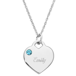 Silver Plated Engraved March Birthstone Heart Necklace