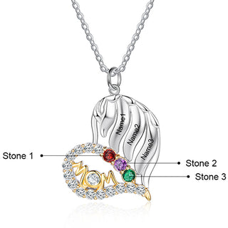 Sterling Silver Two-tone Engraved Name and Birthstone Mom Heart with CZ Necklace