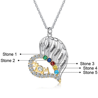 Sterling Silver Two-tone Engraved Name and Birthstone Mom Heart with CZ Necklace