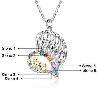 Sterling Silver Two-tone Engraved Name and Birthstone Mom Heart with CZ Necklace
