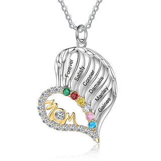 Sterling Silver Two-tone Engraved Name and Birthstone Mom Heart with CZ Necklace