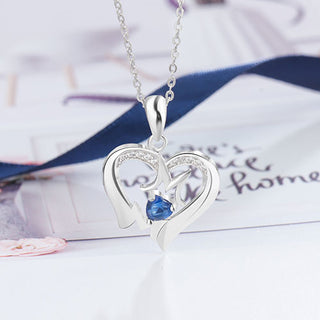 Sterling Silver Engraved Heart Birthstone MOM CZ Accent Heart Necklace