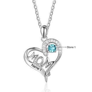Sterling Silver Engraved Birthstone MOM CZ Accent Heart Necklace