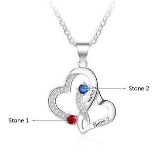 Sterling Silver Engraved Birthstone Double Heart with CZ  Necklace