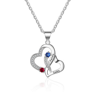 Sterling Silver Engraved Birthstone Double Heart with CZ  Necklace