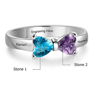Sterling Silver Engraved Double Birthstone Heart Ring
