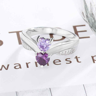 Sterling Silver Engraved Double Birthstone Heart with CZ Accent Ring