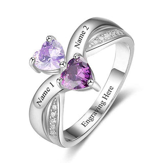 Sterling Silver Engraved Double Birthstone Heart with CZ Accent Ring