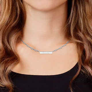 Sterling Silver Engraved Horizontal Bar Paperclip Chain Necklace