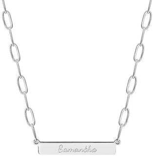 Sterling Silver Engraved Horizontal Bar Paperclip Chain Necklace