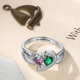 Silver Plated CZ Heart Engraved Double Birthstone Ring