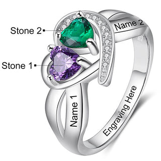 Silver Plated CZ Heart Engraved Double Birthstone Ring