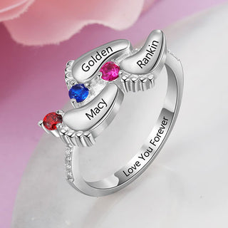 Silver Plated Engraved 3 Birthstone Footprints Family Ring