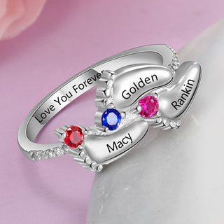 Silver Plated Engraved 3 Birthstone Footprints Family Ring