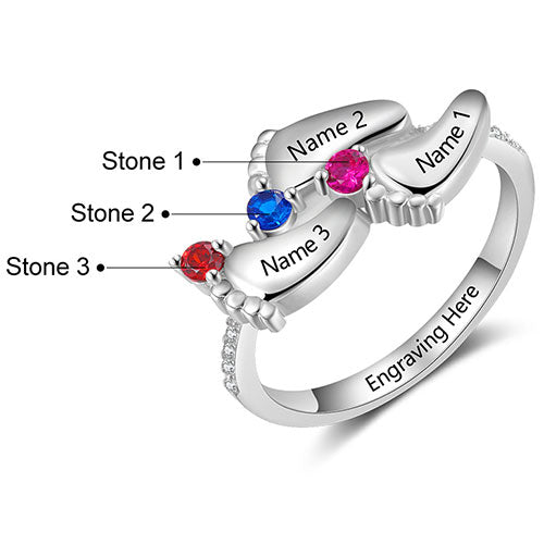 Silver Plated Engraved 3 Birthstone Footprints Family Ring