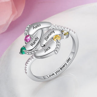 Silver Plated Engraved 4 Birthstone Footprints Family Ring