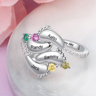 Silver Plated Engraved 4 Birthstone Footprints Family Ring