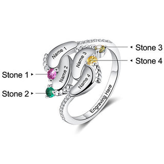 Silver Plated Engraved 4 Birthstone Footprints Family Ring