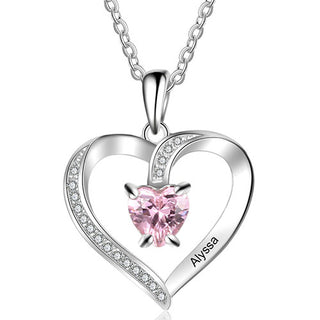 Silver Plated CZ Heart Engraved Birthstone Necklace