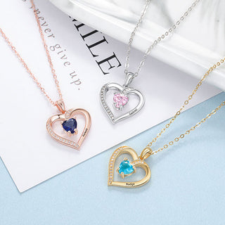 Silver Plated CZ Heart Engraved Birthstone Necklace