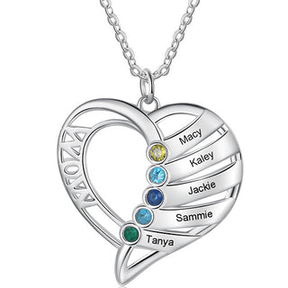 Silver Plated Engraved Birthstone Open Heart Mom Necklace