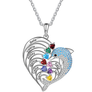 Silver Plated Pave Dolphin Open Heart Engraved Birthstone Necklace