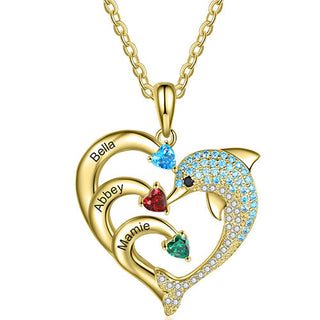 Gold Plated Pave Dolphin Open Heart Engraved Birthstone Necklace