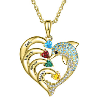 Gold Plated Pave Dolphin Open Heart Engraved Birthstone Necklace