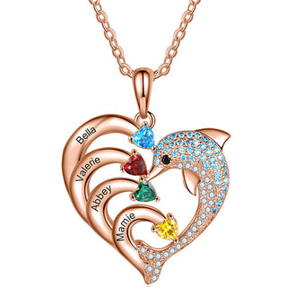 Rose Gold Plated Pave Dolphin Open Heart Engraved Birthstone Necklace