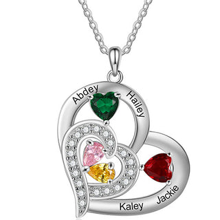 Silver Plated Engraved Birthstone Double Heart with CZ Necklace